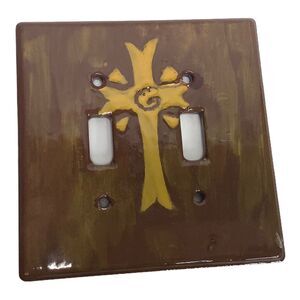 Cross Religious Ceramic‎ Two Toggle Switch Plate Outlet Cover Brown Yellow 5"x5"